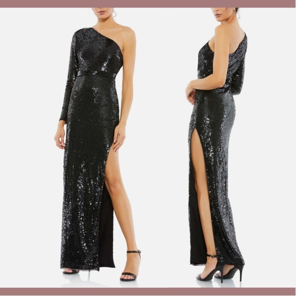 NEW $498 Mac Duggal [ 12 ] Sequin‎ One Shoulder Long sleev Column Gown Black - Picture 2 of 14